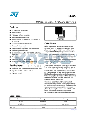 L6722TR datasheet - 3 Phase controller for DC/DC converters