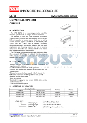 L6726 datasheet - UNIVERSAL SPEECH CIRCUIT