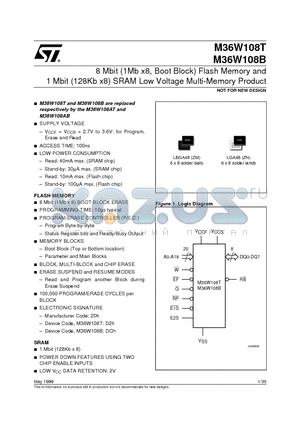 M36W108 datasheet - 8 Mbit 1Mb x8, Boot Block Flash Memory and 1 Mbit 128Kb x8 SRAM Low Voltage Multi-Memory Product