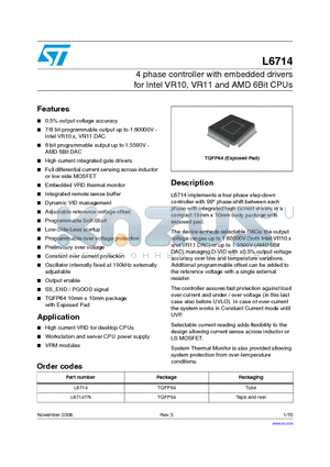 L6714TR datasheet - 4 phase controller with embedded drivers for Intel VR10, VR11 and AMD 6Bit CPUs
