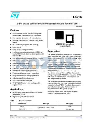 L6716 datasheet - 2/3/4 phase controller with embedded drivers for Intel VR11.1