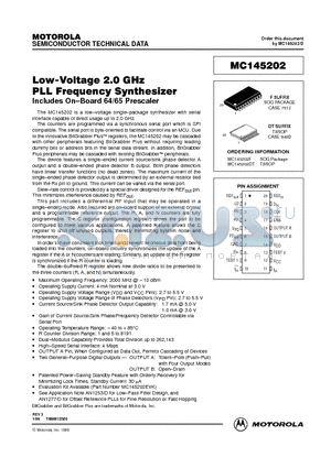 MC145202 datasheet - Low-Voltage 2.0 GHz PLL Frequency Synthesizer Includes On-Board 64/65 Prescaler