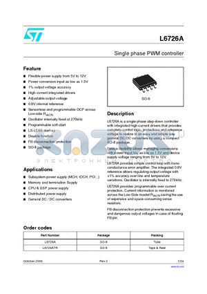 L6726ATR datasheet - Single phase PWM controller