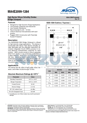 MA4E2099-1284 datasheet - High Barrier Silicon Schottky Diodes: Bridge Octoquad