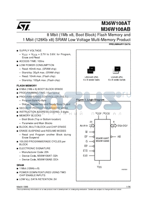 M36W108AT100ZM6T datasheet - 8 Mbit 1Mb x8, Boot Block Flash Memory and 1 Mbit 128Kb x8 SRAM Low Voltage Multi-Memory Product