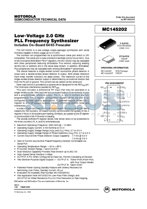 MC145202F datasheet - Low-Voltage 2.0 GHz PLL Frequency Synthesizer Includes On-Board 64/65 Prescaler