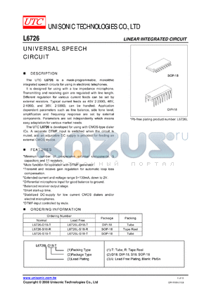 L6726L-D18-T datasheet - UNIVERSAL SPEECH CIRCUIT