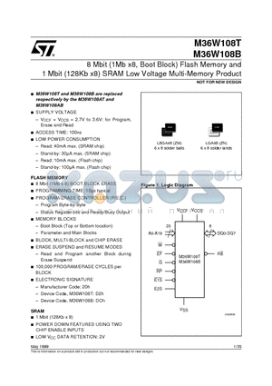 M36W108B datasheet - 8 Mbit 1Mb x8, Boot Block Flash Memory and 1 Mbit 128Kb x8 SRAM Low Voltage Multi-Memory Product