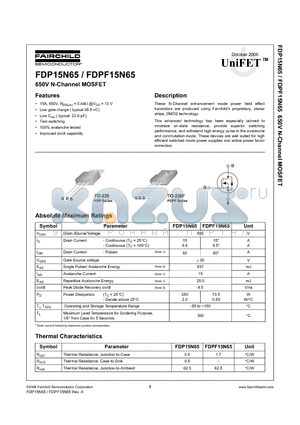FDP15N65_0610 datasheet - 650V N-Channel MOSFET