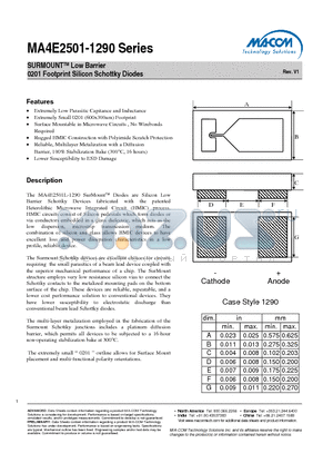 MA4E2501L- datasheet - SURMOUNTTM Low Barrier 0201 Footprint Silicon Schottky Diodes