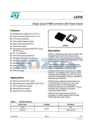 L6728 datasheet - Single phase PWM controller with Power Good