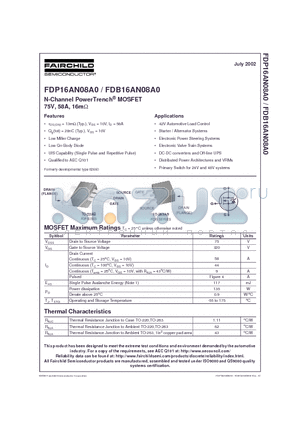 FDP16AN08A0 datasheet - N-Channel PowerTrench MOSFET 75V, 58A, 16m