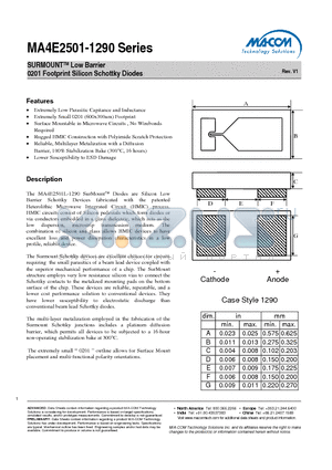 MA4E2501L-1290 datasheet - SURMOUNTTM Low Barrier 0201 Footprint Silicon Schottky Diodes