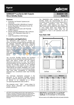 MA4E2501L-1290T datasheet - SURMOUNTTM Low Barrier 0201 Footprint Silicon Schottky Diodes