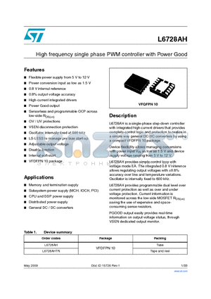 L6728AH datasheet - High frequency single phase PWM controller with Power Good