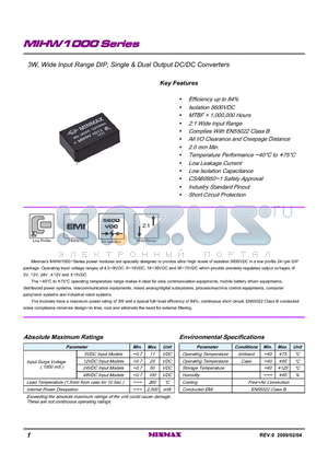 MIHW1008 datasheet - 3W, Wide Input Range DIP, Single & Dual Output DC/DC Converters