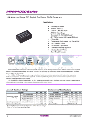 MIHW1012 datasheet - 3W, Wide Input Range DIP, Single & Dual Output DC/DC Converters