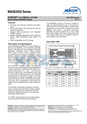 MA4E2502H-1246T datasheet - SURMOUNTTM Low, Medium, and High Barrier Silicon Schottky Diodes