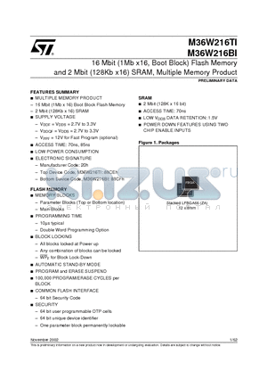 M36W216 datasheet - 16 Mbit 1Mb x16, Boot Block Flash Memory and 2 Mbit 128Kb x16 SRAM, Multiple Memory Product