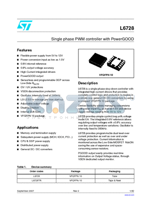 L6728TR datasheet - Single phase PWM controller with PowerGOOD