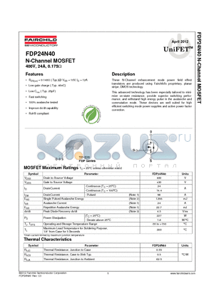 FDP24N40_12 datasheet - N-Channel MOSFET 400V, 24A, 0.175Y