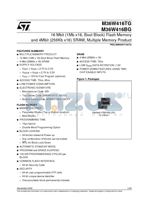 M36W416BG datasheet - 16 Mbit 1Mb x16, Boot Block Flash Memory and 4Mbit 256Kb x16 SRAM, Multiple Memory Product