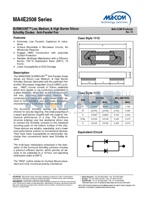 MA4E2508H-1112W datasheet - SURMOUNTTM Low, Medium, & High Barrier Silicon Schottky Diodes: Anti-Parallel Pair