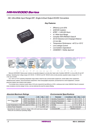 MIHW2023 datasheet - 3W, Ultra-Wide Input Range DIP, Single & Dual Output DC/DC Converters