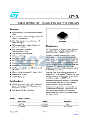 L6740LTR datasheet - Hybrid controller (41) for AMD SVID and PVID processors