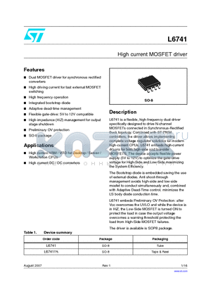 L6741 datasheet - High current MOSFET driver