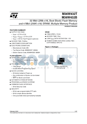 M36W432B datasheet - 32 Mbit 2Mb x16, Boot Block Flash Memory and 4 Mbit 256K x16 SRAM, Multiple Memory Product