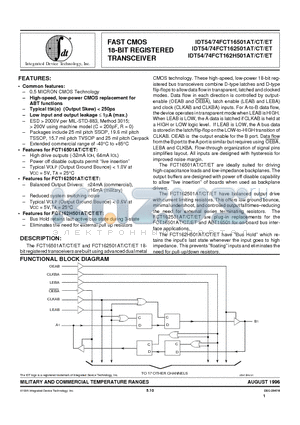IDT54FCT162501CTPAB datasheet - FAST CMOS 18-BIT REGISTERED TRANSCEIVER