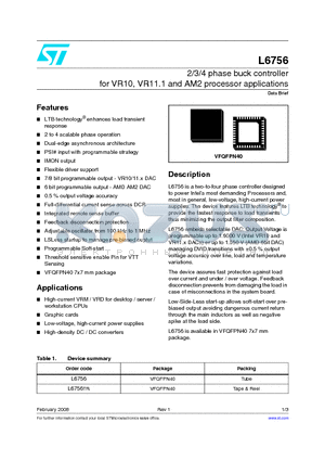 L6756 datasheet - 2/3/4 phase buck controller for VR10, VR11.1 and AM2 processor applications