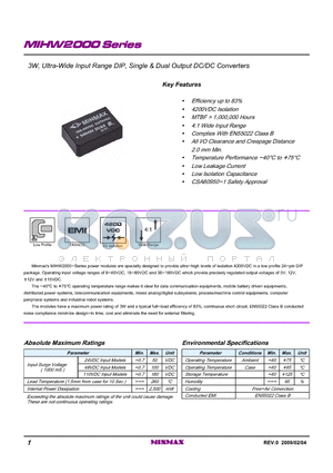 MIHW2043 datasheet - 3W, Ultra-Wide Input Range DIP, Single & Dual Output DC/DC Converters