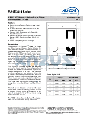 MA4E2514L datasheet - SURMOUNTTM Low and Medium Barrier Silicon Schottky Diodes: Tee Pair