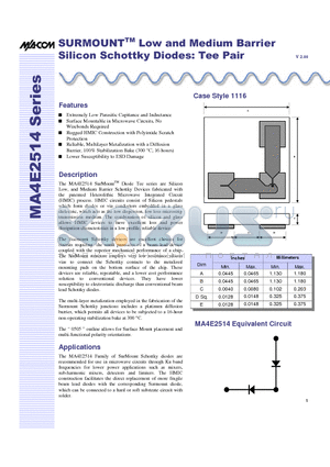 MA4E2514M datasheet - SURMOUNT Low and Medium Barrier Silicon Schottky Diodes: Tee Pair