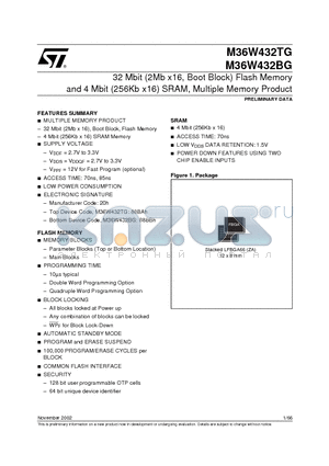 M36W432TG70ZA1T datasheet - 32 Mbit 2Mb x16, Boot Block Flash Memory and 4 Mbit 256Kb x16 SRAM, Multiple Memory Product