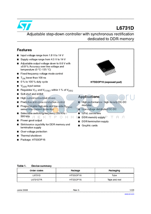 L6731D datasheet - Adjustable step-down controller with synchronous rectification dedicated to DDR memory