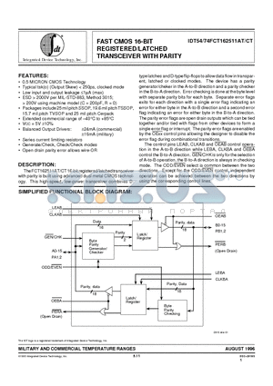 IDT54FCT162511ATPVB datasheet - FAST CMOS 16-BIT REGISTERED/LATCHED TRANSCEIVER WITH PARITY