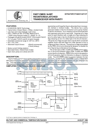 IDT54FCT162511CTPA datasheet - FAST CMOS 16-BIT REGISTERED/LATCHED TRANSCEIVER WITH PARITY
