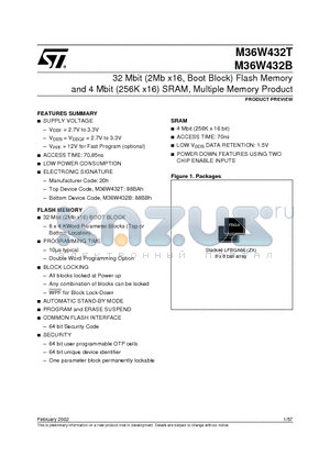 M36W432TZA datasheet - 32 Mbit 2Mb x16, Boot Block Flash Memory and 4 Mbit 256K x16 SRAM, Multiple Memory Product