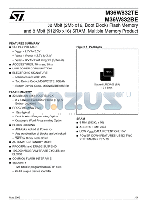 M36W832BE85ZA1S datasheet - 32 Mbit 2Mb x16, Boot Block Flash Memory and 8 Mbit 512Kb x16 SRAM, Multiple Memory Product