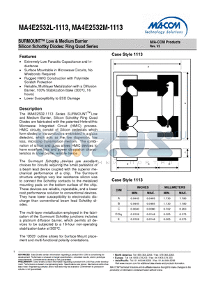 MA4E2532L-1113W datasheet - SURMOUNTTM Low & Medium Barrier Silicon Schottky Diodes: Ring Quad Series