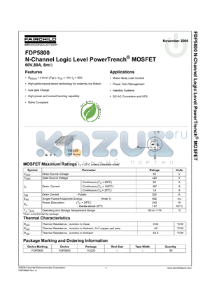 FDP5800 datasheet - N-Channel Logic Level PowerTrench MOSFET