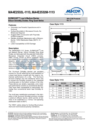 MA4E2532M-1113T datasheet - SURMOUNTTM Low & Medium Barrier Silicon Schottky Diodes: Ring Quad Series