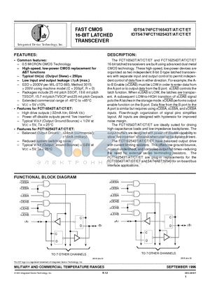 IDT54FCT162543ATPV datasheet - FAST CMOS 16-BIT LATCHED TRANSCEIVER