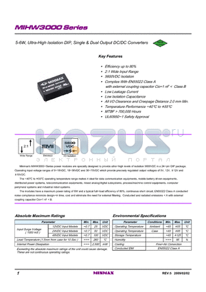 MIHW3046 datasheet - 5-6W, Ultra-High Isolation DIP, Single & Dual Output DC/DC Converters