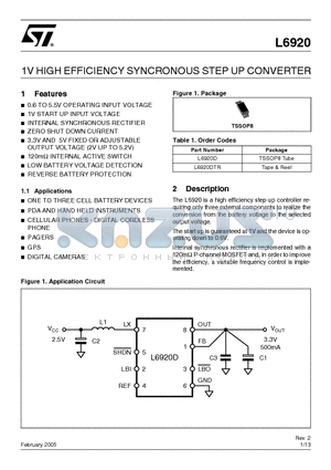 L6920DTR datasheet - 1V HIGH EFFICIENCY SYNCRONOUS STEP UP CONVERTER