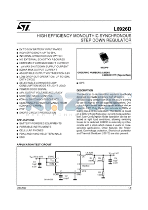 L6926 datasheet - HIGH EFFICIENCY MONOLITHIC SYNCHRONOUS STEP DOWN REGULATOR