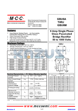 GBU6K-BP datasheet - 6 Amp Single Phase Glass Passivated Bridge Rectifier 50 to 1000 Volts
